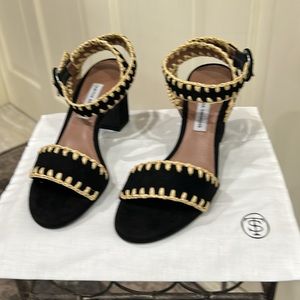 NWB Tabitha Simmons Black Suede Sandals - Leticia Whip Block Heel with Raffia